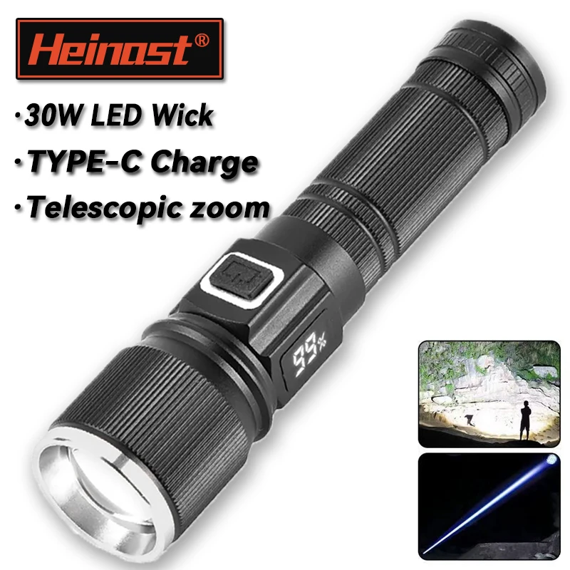 

Powerful LED Flashlights Zoom Type-C Rechargeable Zoom Flashlight with Digital Display Aluminum Alloy Torch Use 18650 Battery