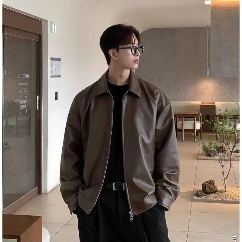 

PU High-quality Men's Solid Color Vintage Jacket Versatile Street Fashion Daily Wear Windproof Waterproof Faux Leather