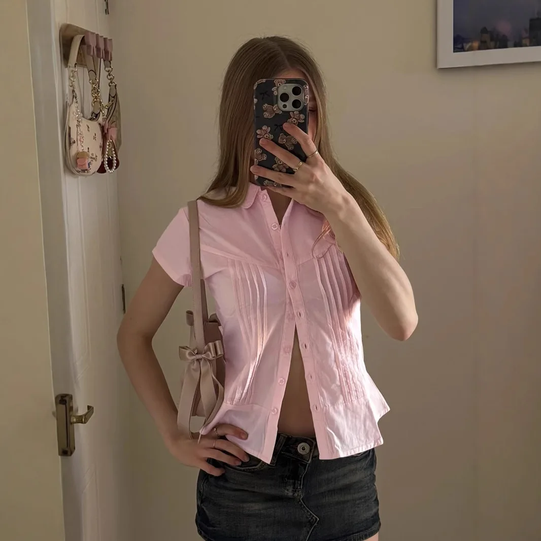 

2025 New Women's American Girlish Temperament Fold Solid Color POLO Neck Short Sleeve Shirt Short Navel Joker Women's Top