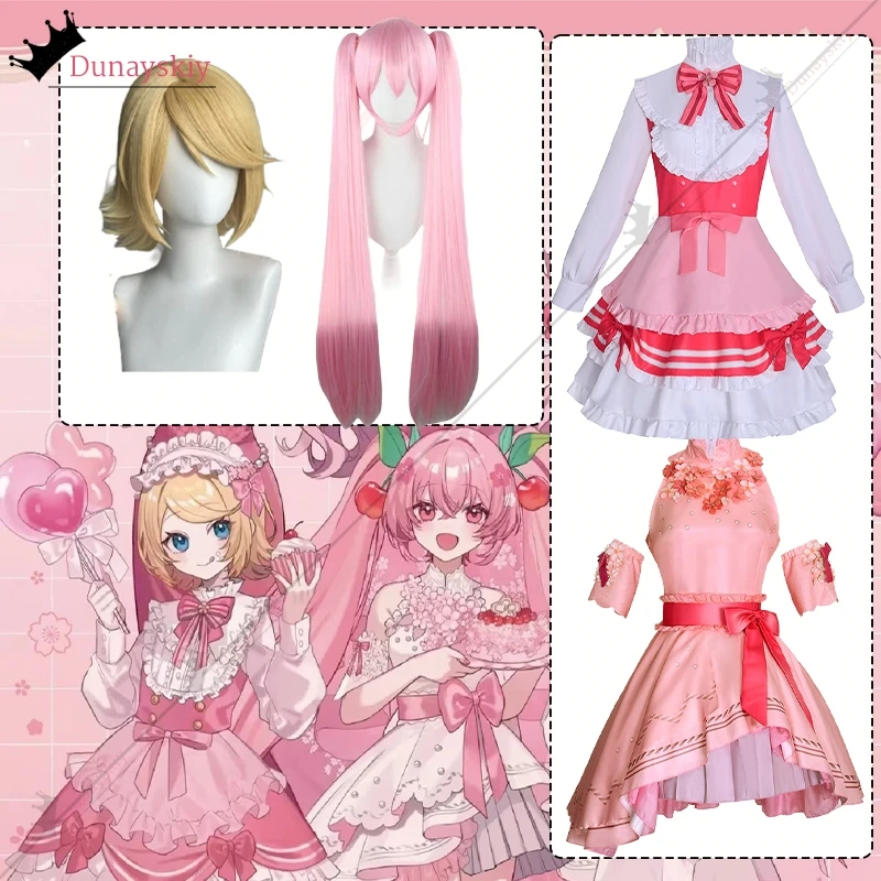 Kagamine rin/mikuuu cosplay projeto sekai flor de cerejeira festa traje feminino doce rosa princesa lolita vestido rpg terno