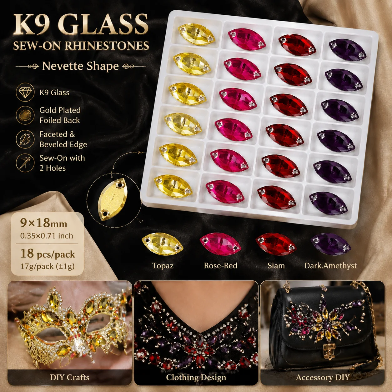 Strass en verre 5A en forme de navette 9x18mm à dos doré à coudre, 18 pièces, Topaze, Rose-rouge, Siam, Améthyste foncé pour vêtements et chaussures DIY