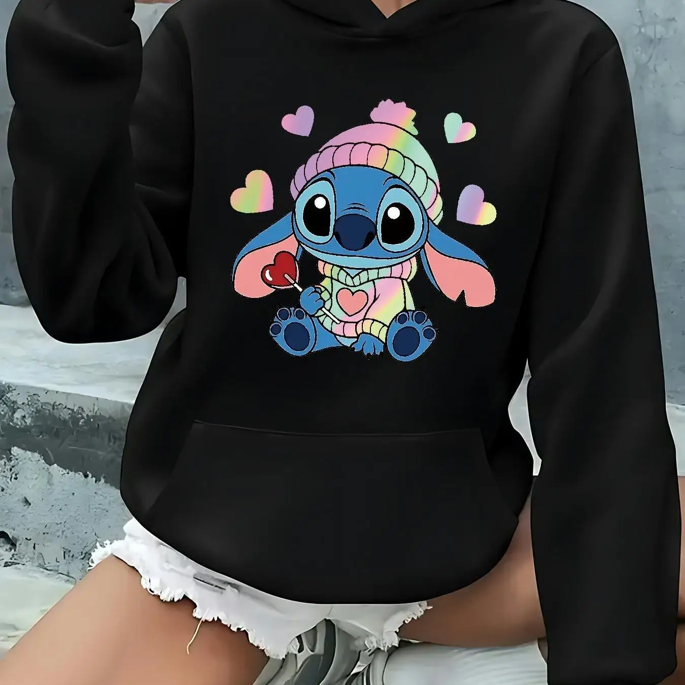 Frauen Disney Stitch Hoodies Mode Übergroße Streetwear Unisex Sweatshirts Herbst und Winter Fleece Casual Vielseitig