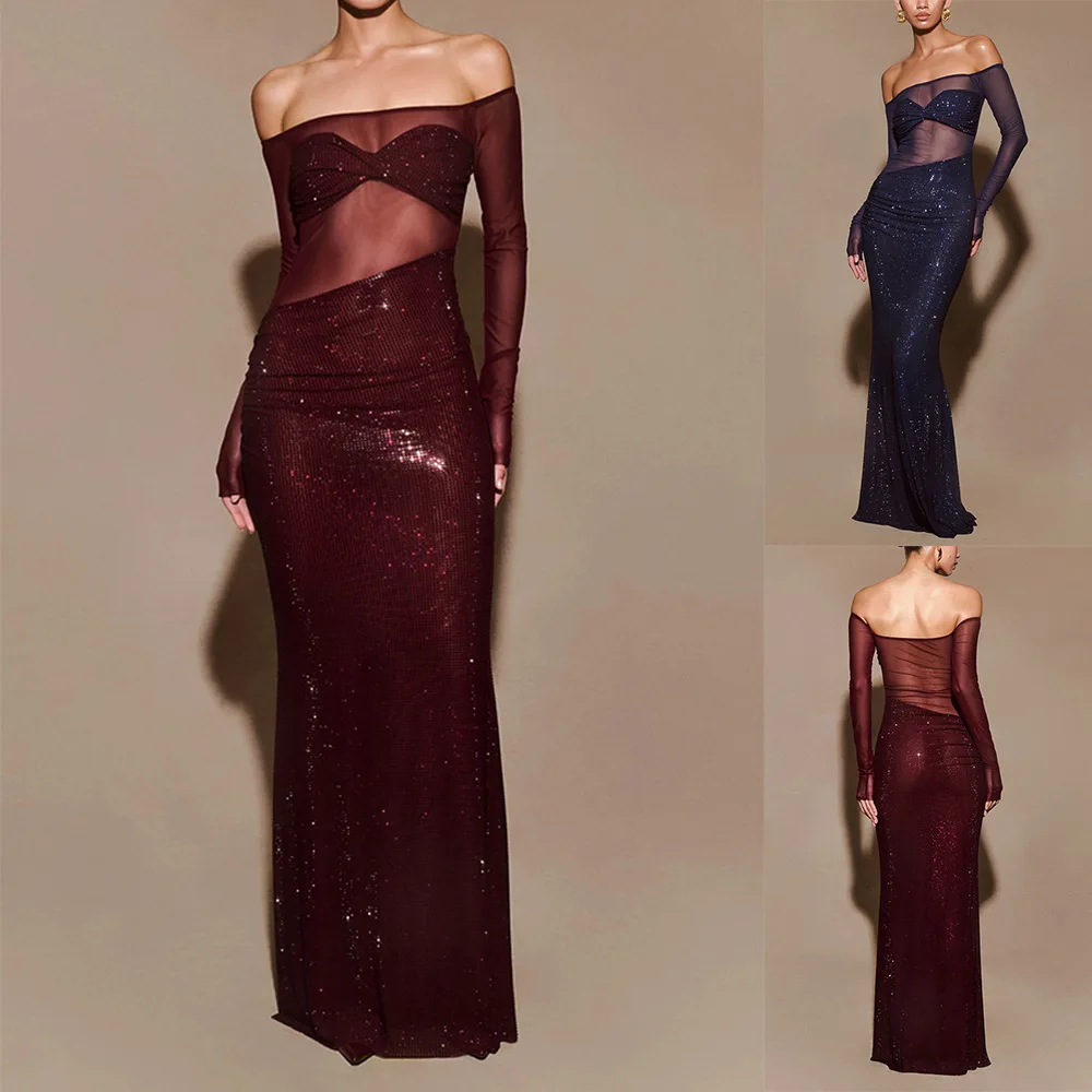 

Elegant Sequined Mesh Sheer Long Party Dress Women Off Shoulder Full Sleeve See Through Dresses 2026 Lady Glitter Evening Gowns