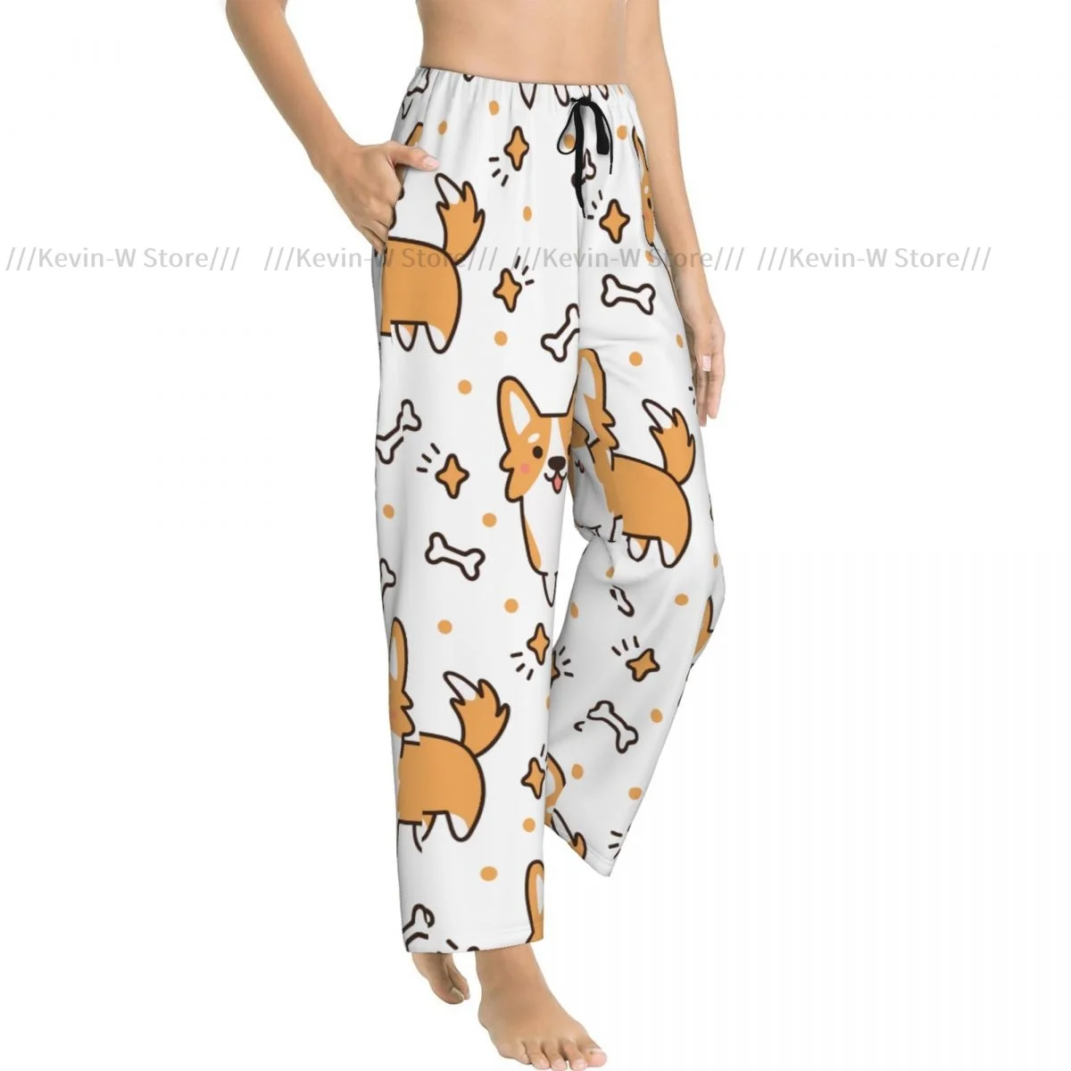 

Women Flannel Pajama Bottoms Soft Fleece Cute Dog Breed Welsh Corgi With Hearts Stars Bones Sleep Pants with Drawstring Waist