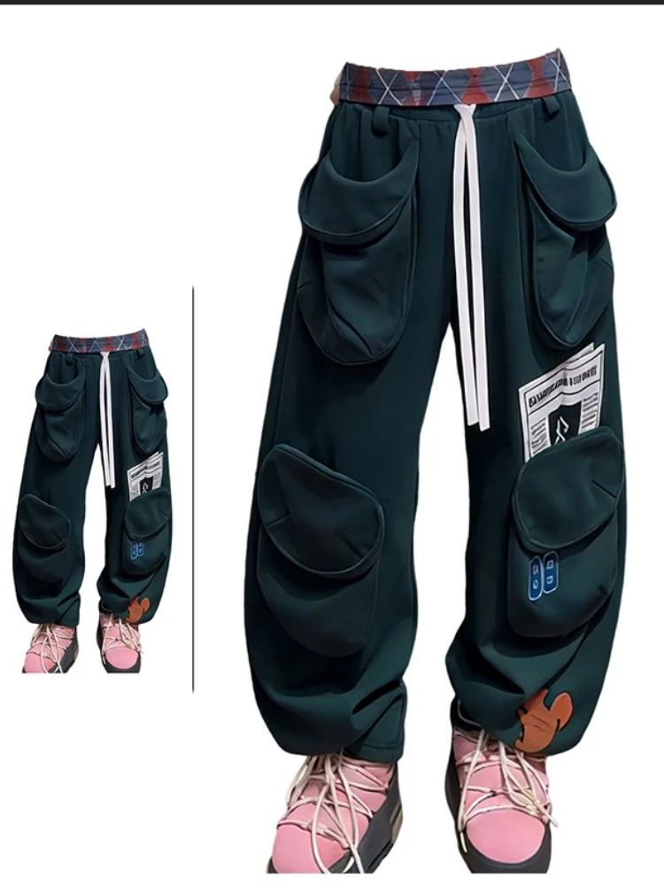 Retro military green cargo casual pants women's winter new loose and multi pocket drawstring loose and wide leg pants