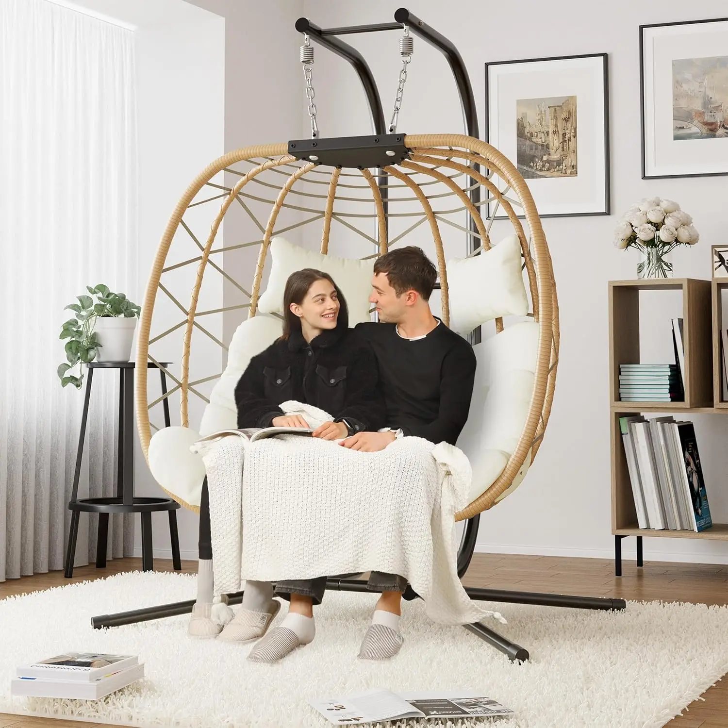 

Double Swing Egg Chair, Oversized 2 Person Indoor Outdoor Wicker Patio Basket Hanging Chair with Beige Cushion 550 LBS Capacity