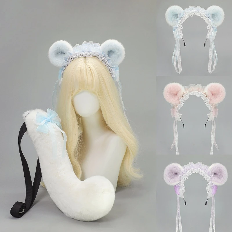 Lolita Small Flying Squirrel Hairband Tail Set Plush Cute Hamster Headwear Handmade Hamster Ears Animal Ear Hair Accessories