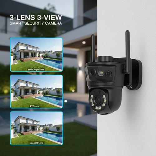 Imagen 2 del producto Cámara IP PTZ WIFI de 12MP, tres lentes, resistente al agua para exteriores, seguimiento automático, CCTV inalámbrico, cámara IP de vigilancia de seguridad, Audio bidireccional