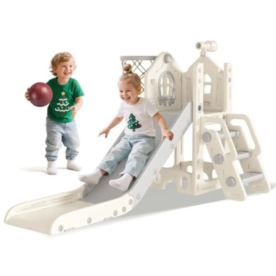 Tobogán 6 en 1 para Niños Pequeños - Tobogán en Forma de L para Niños de 1 a 3 Años con Aro de Baloncesto, Juguete Telescopio y Almohadillas Antideslizantes, para Interiores