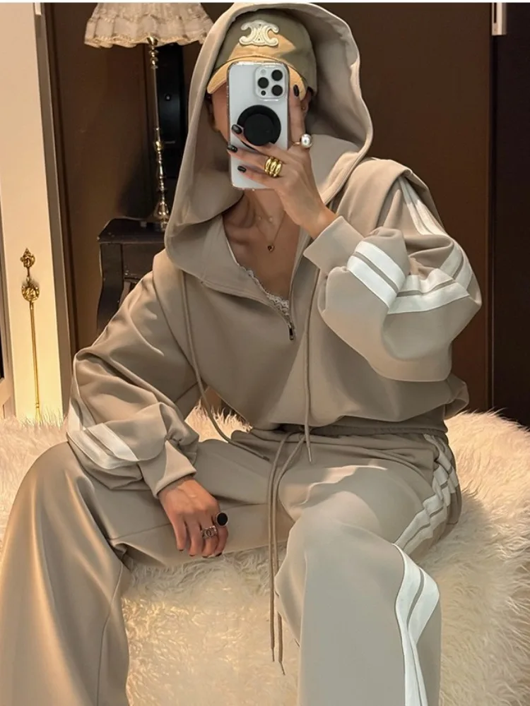 Chique Vintage Gestreepte Lange Sve Hoodie Jaet Vrouwen Casual Hoge Taille Veelzijdige Loose Fit Broek Herfst Faion Streetwear