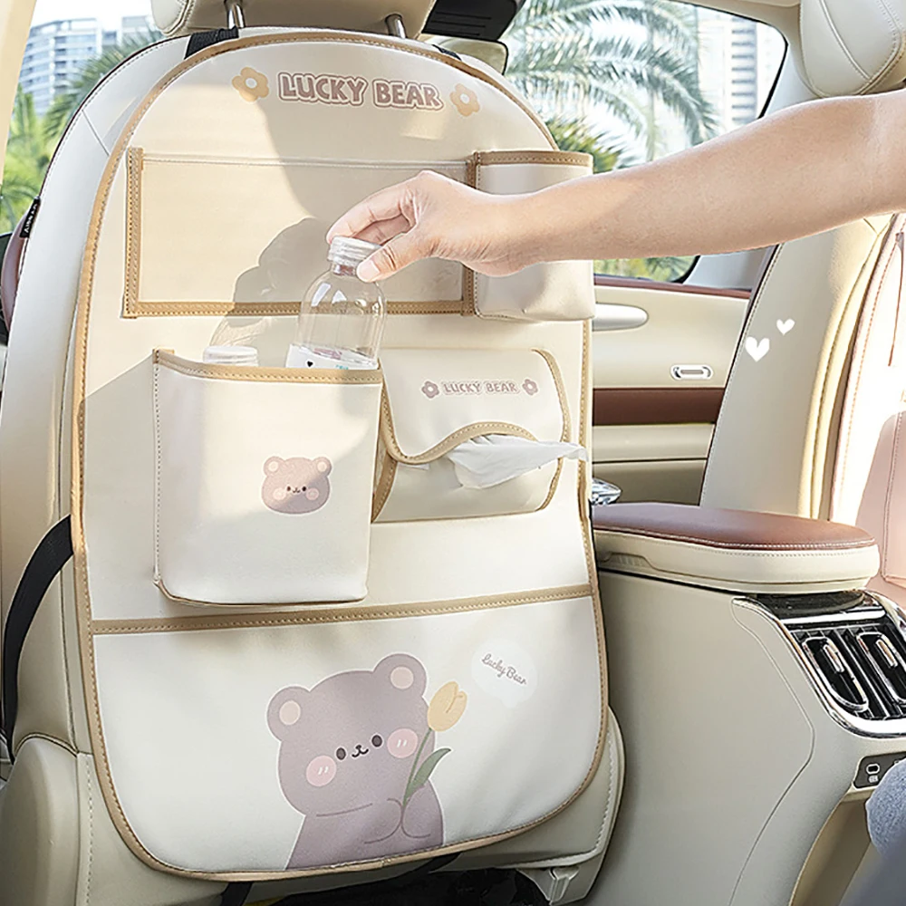 Cartoon Car Seat Back Storage Bag Leather Multifunction Car Backseat Organizer Cup Holder Tissue Holder Anti Kick Pad