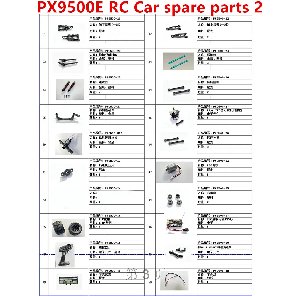 PXTOYS 9500E PX9500E 1/16 RC Auto pezzi di ricambio Car shell Pneumatico Motore Gear Servo ESC Braccio oscillante Differenziale asse ruota pinna di coda