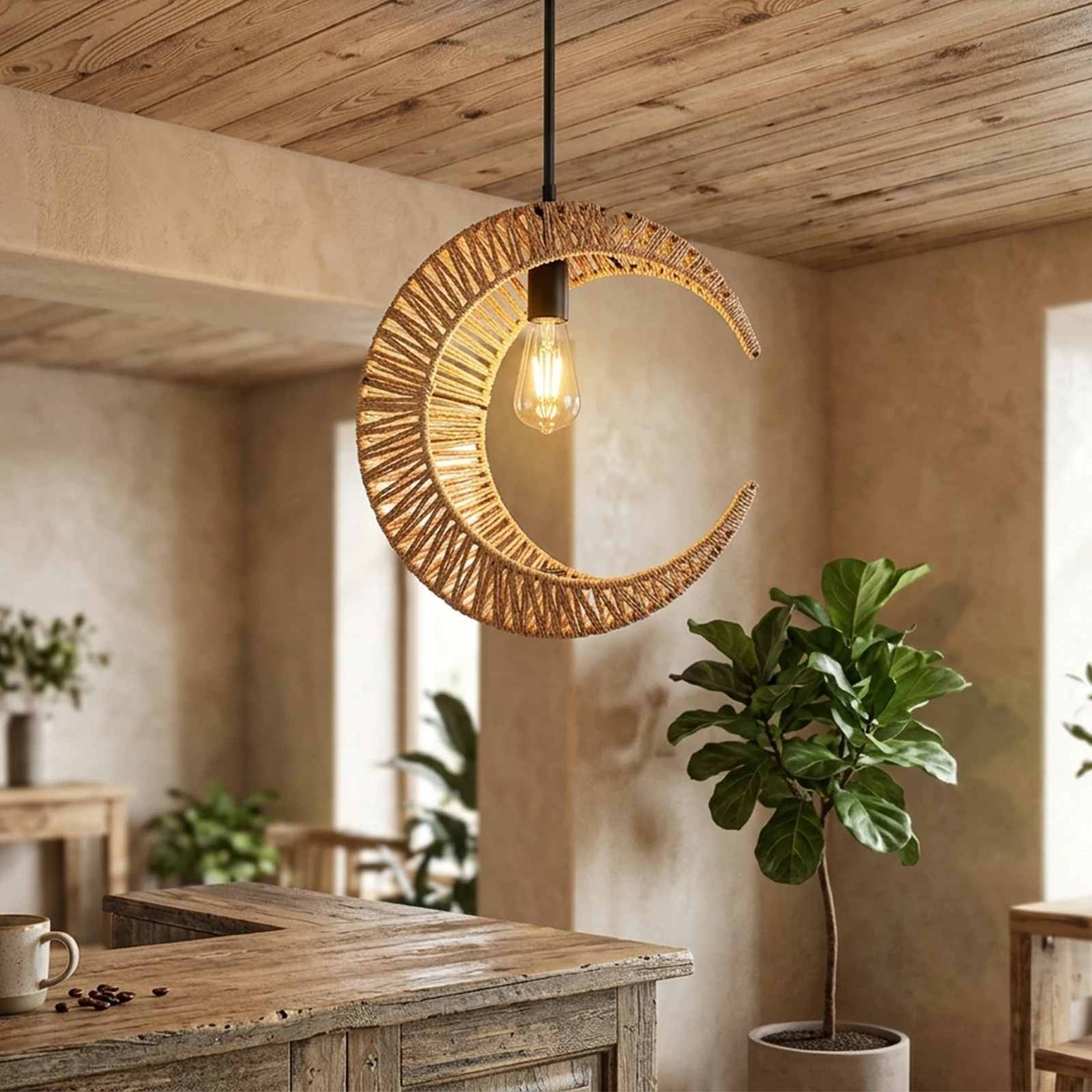 Handmade Moon Lamp Shade, Natural Rattan Rope Crescent Cover for Pendant Bedroom Decor
