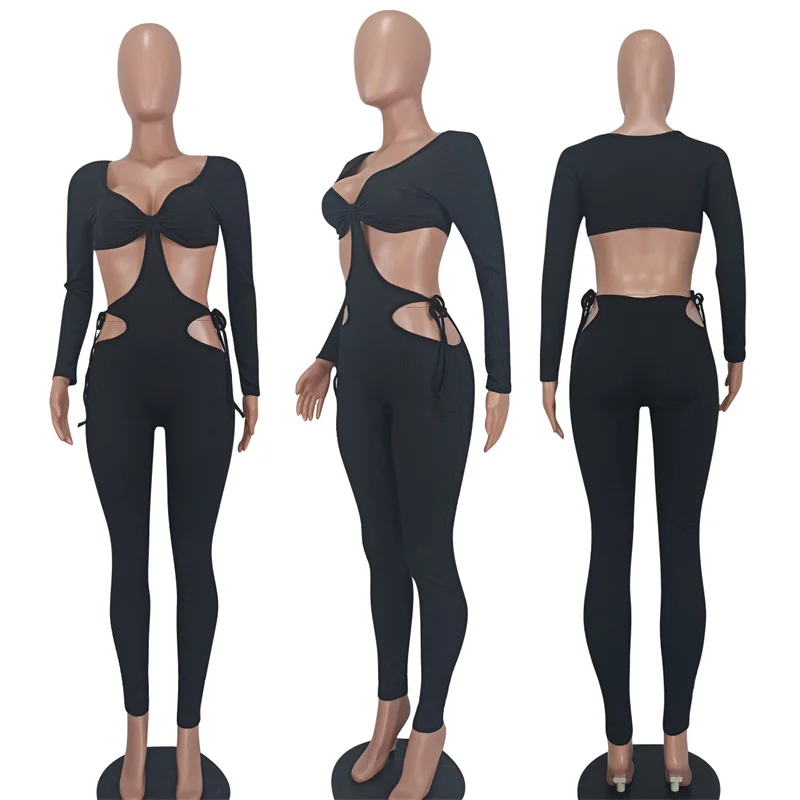 Sexy Hollow Out Bodycon Party Jumpsuit Women Overalls Long Sleeve One Piece Rompers Night Club Birthday Outfits Dropshipping