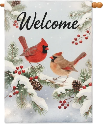 Winter Cardinal House Flag 28X40 Inch Snow Scene Bird Welcome Christmas Holiday ZZO EEZ
