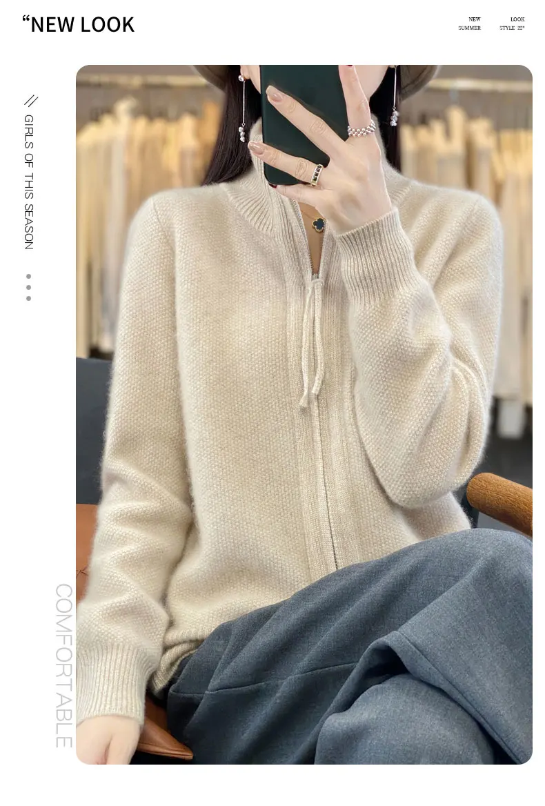 Autumn And Winter New Thick Two-Way Zipper Wool Cardigan Women's Loose Casual Sweater Solid Color Knitted Cashmere Coat