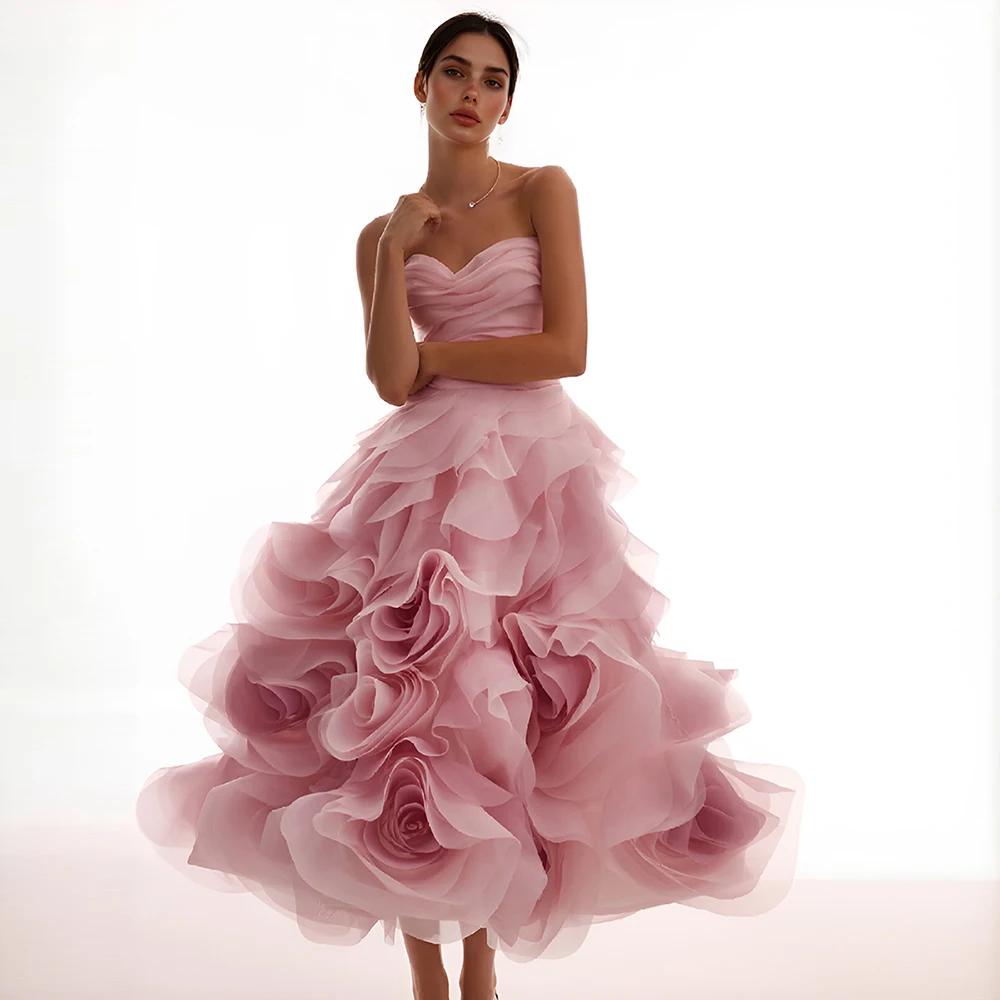 

Strapless 3D Rose Ankle Length Women's Evening Dress Elegant Gowns for Wedding Guest Party Dresses for Special Occasions