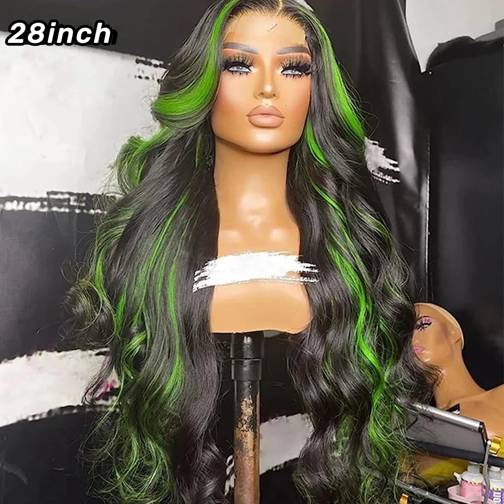 13X4 Synthetic Lace Front Wigs For Women Green Highlight Body Wave Lace Frontal Wig Green Black Highlight Cosplay No Glue Wig