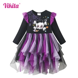 VIKITA Kids Halloween Holiday Cosplay Costumes Girls Spider Skull Print Flare Sleeve Autumn Winter Princess Mesh Tutu Dresses