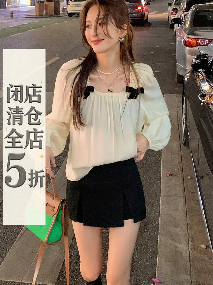 

Loose Long Sleeve Chiffon Shirt Knot Square Collar Thin Top Yang Bubble Korean Style Commute Wind Regular Fit
