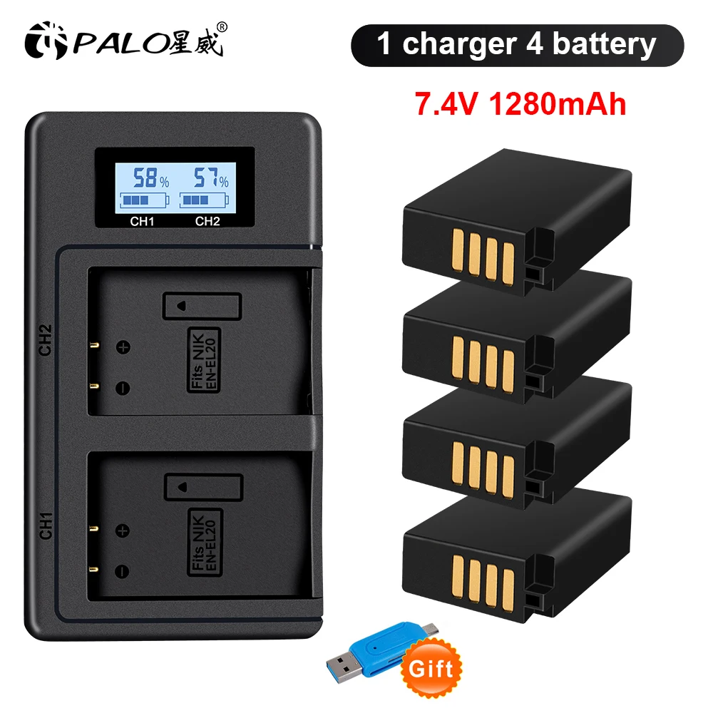 PALO EN-EL20A EN-EL20 Battery + LCD Dual Charger for Nikon Coolpix P1000, 950, 1 j1, 1 J2, 1 J3, 1 S1, 1 V3, A, A 1, AW1 Camera