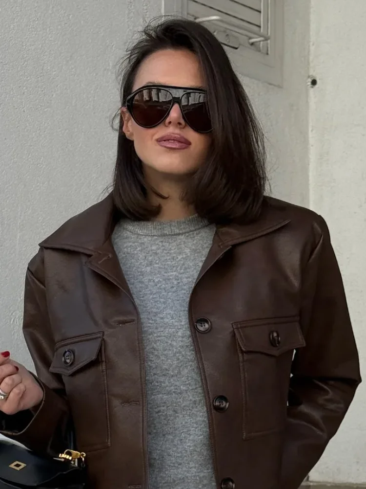 

Fashion Glossy Loose Leather Jacket Women Retro Lapel Full Sleeve Single Breasted Short Coat 2026 Spring New Highstreet Jackets