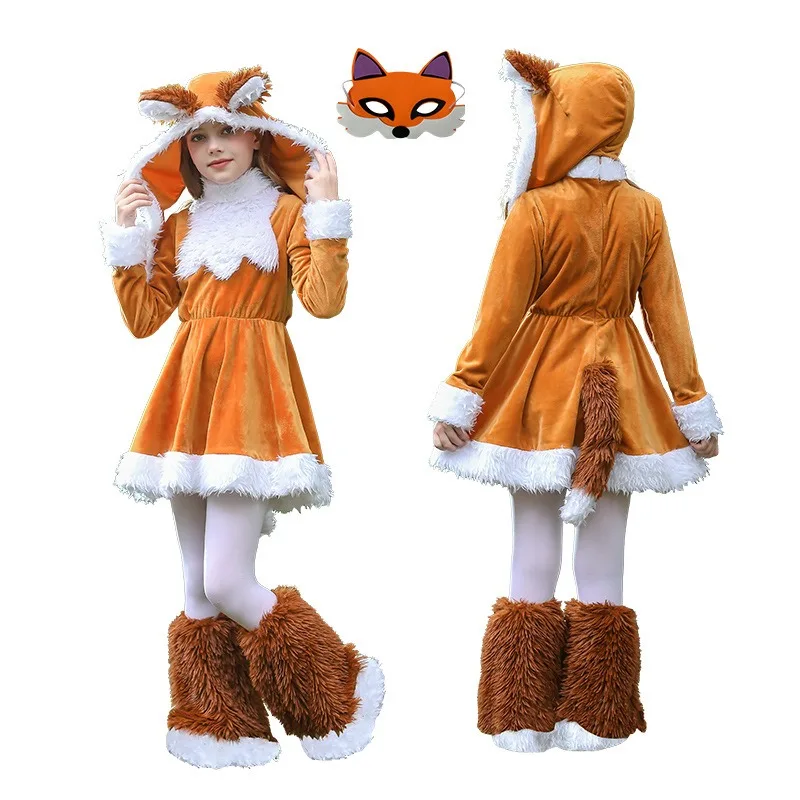 

Girls Fox Cosplay Costume Animal Dress Hat Mask Foot Covers Suit for Animal Party Jungle Stage Performance Roleplay Outfits