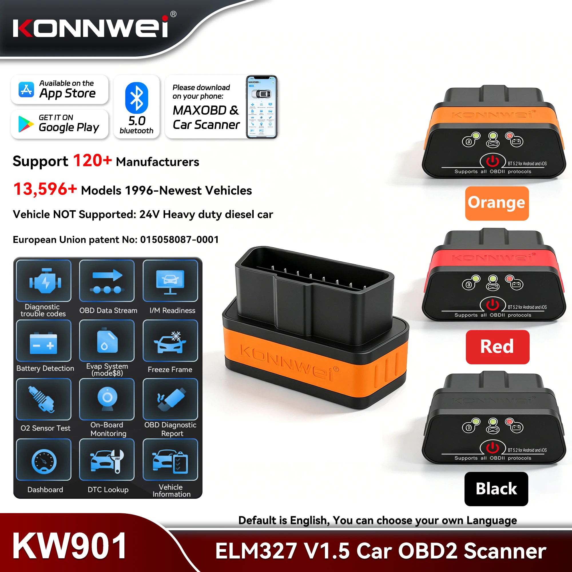 

KONNWEI KW901 ELM327 V1.5 OBD2 Scanner Bluetooth 5.0 12V Car Diagnostic Tool Code Reader pk Vgate ICAR2 for Android & iOS
