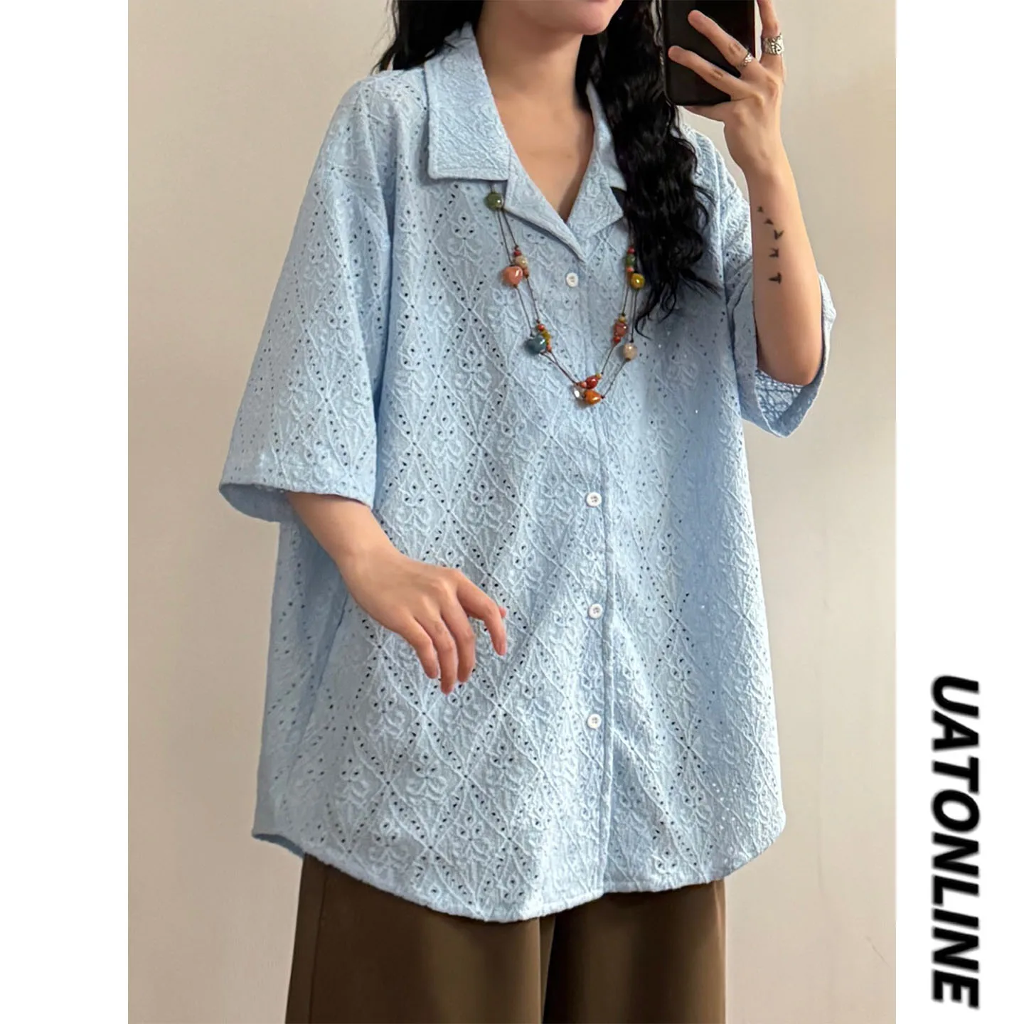 

UATONLINE2026 Летняя рубашка в уличном стиле свободного кроя с кубинским воротником, коротким рукавом, ажурной текстурой, повседневная, дышащая, для мужчин