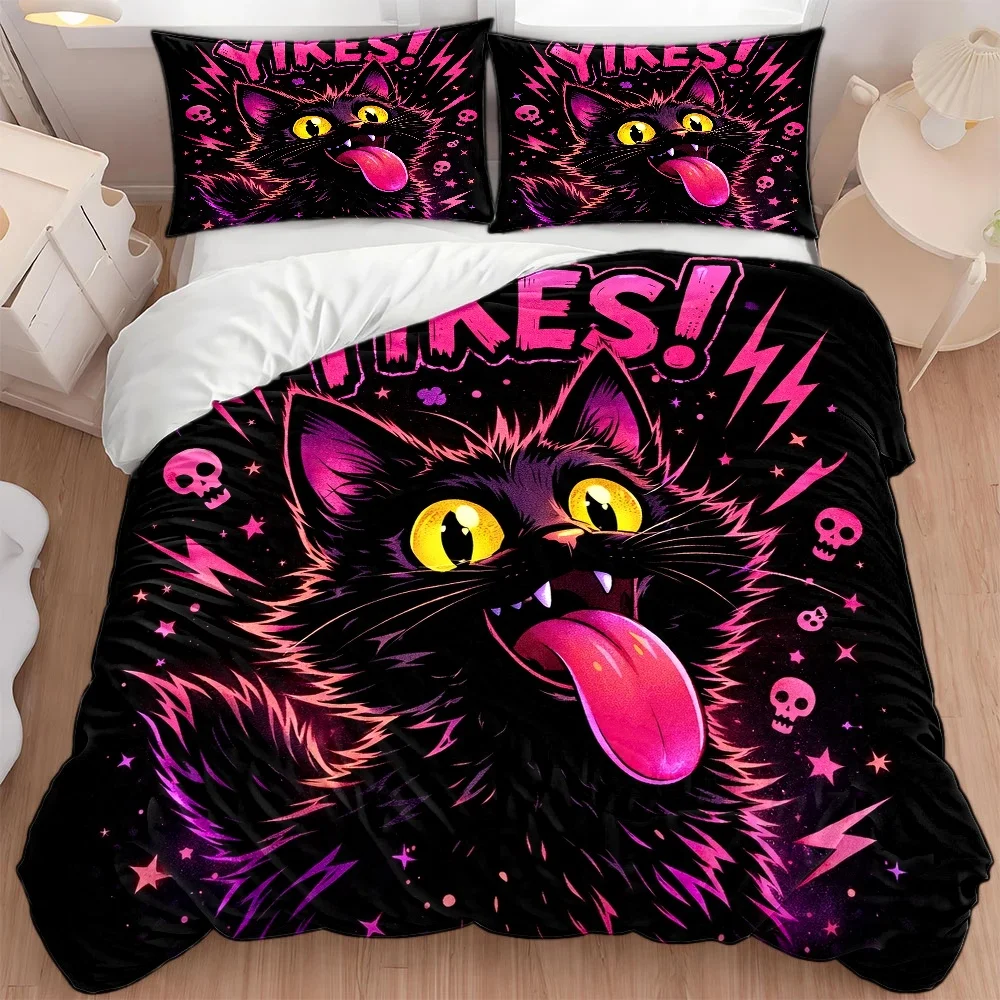 3Pc Yikes! Quirky Black Cat Print Duvet Cover Set, Three-Piece Bedding Set (1*Duvet Cover + 2*Pillowcases), Suitable for All Seasons, Machine Washable, Hidden Zipper Design, Suitable for Home, Dorm, Master Bedroom, Guest Room, Large Double Bed Cover Set, Trendy Dark Style Cartoon Bedding, Personalized Skull and Lightning Element Bedding Set, Soft and Comfortable Duvet Cover Set, Ins-Style Fun Cat Bedding Set 2