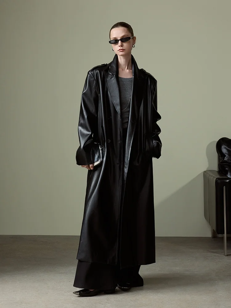 

MISSPRINS Hepburn Style Long Over-Knee Leather Jacket Women's Loose High-End Feelings Elegant Coat Commute Windbreaker