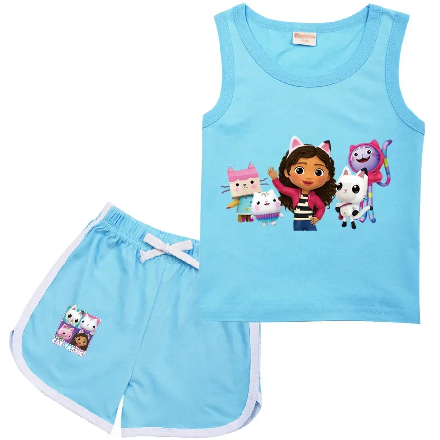 Gabby Doolhouse T Shirt Kids Gabbys Chat Clothes Toddler Girls Sleeveless Tops+shorts 2pcs Sets Children Summer Vacation Outfits