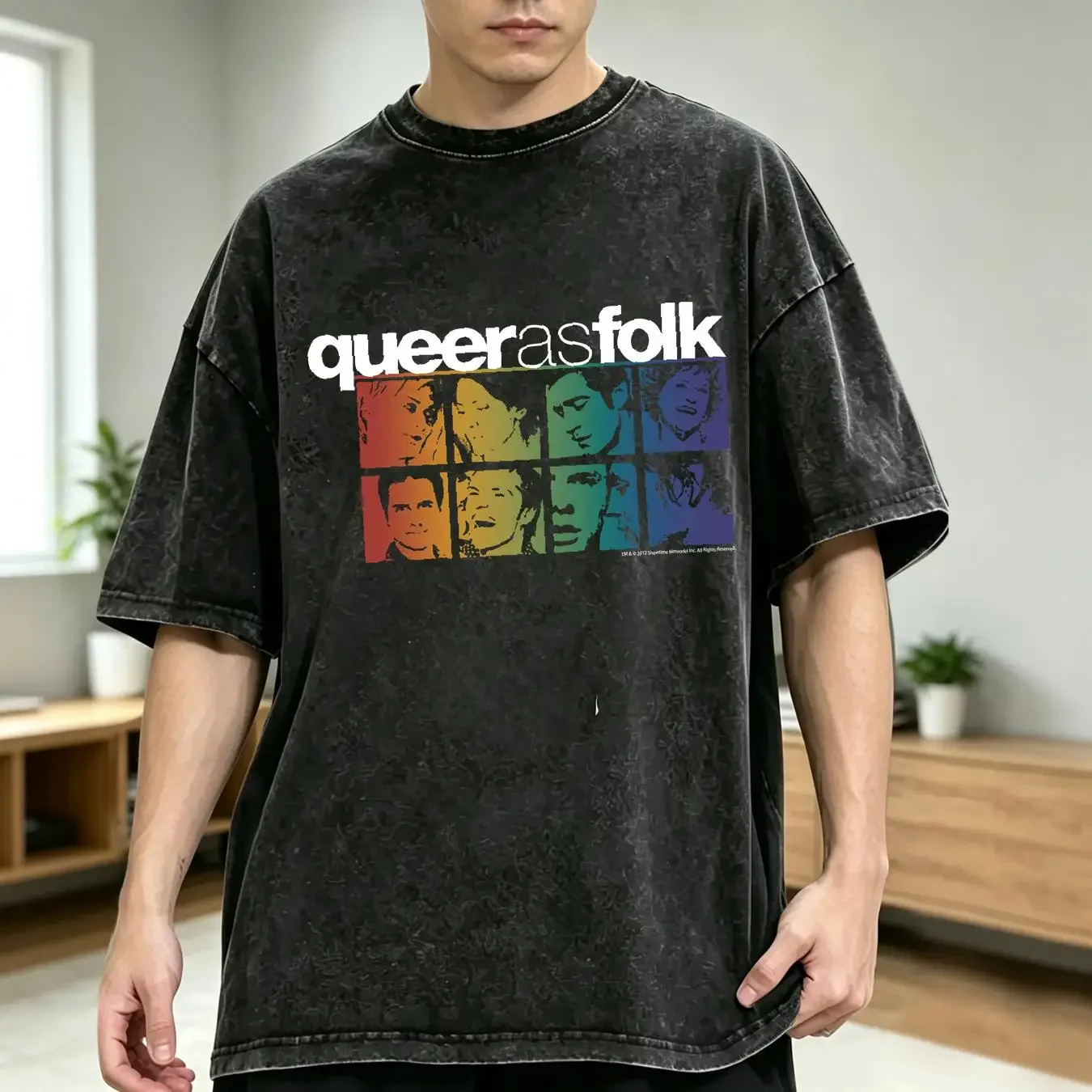 washed T Shirt Queer As Folk Cast Mens Licensed Classic TV Show Pride Black vintage Washed Breathable Versatile Casual