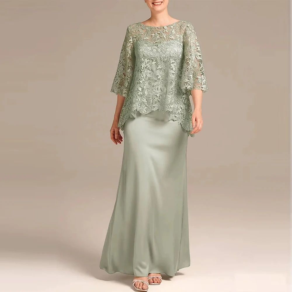 

Customized 2 Pieces Mother of Bride Dresses with Lace Jacket Mermaid Satin Long Wedding Party Dresses