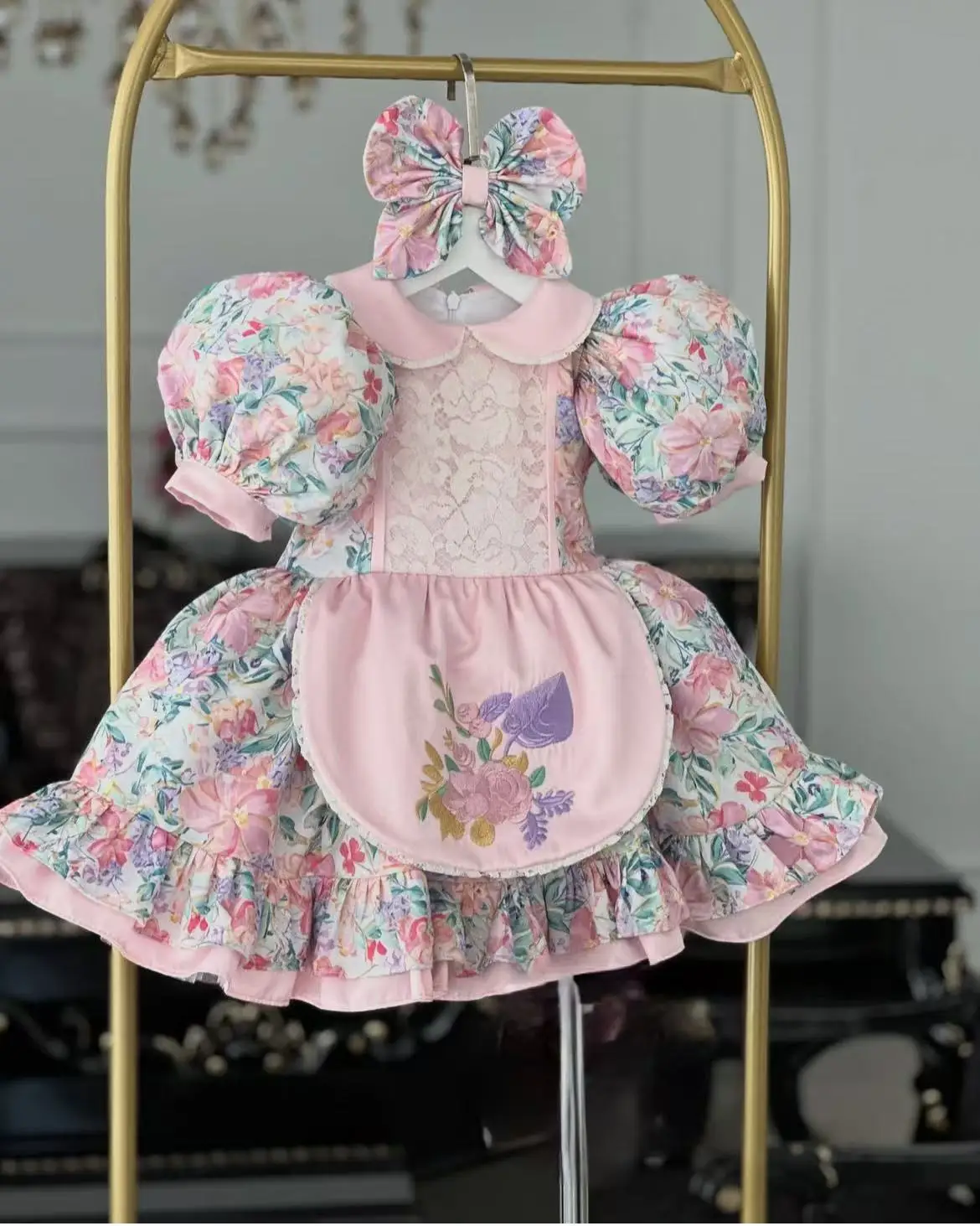 

0-12Y Baby Girl Summer Flower Embroidery Floral Dress With Hair Bow for Birthday Photography Holiday Eid B122
