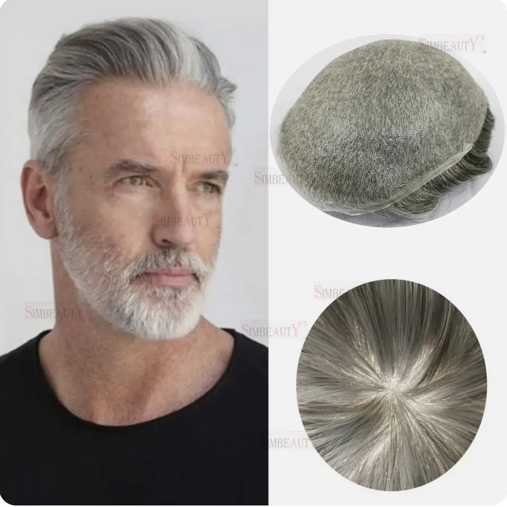 

Natural Hairline Men Toupee 1B40/1B65 Grey Human Hair Stocked 0.06mm V looped Full Skin Thin Base Prosthesis System Male Wigs