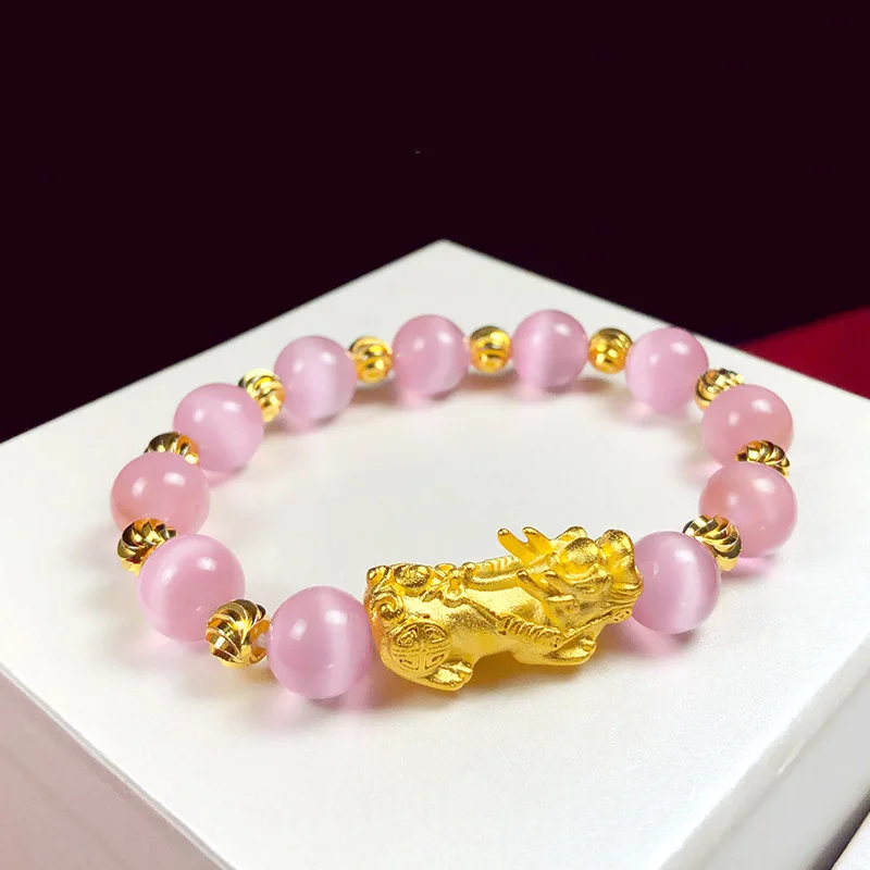 9999 Real Gold 24K Agate Stone Bracelet Stone Crystal Fashionable Women's Handmade Pixiu Bracelet Beads Multi-color Optional