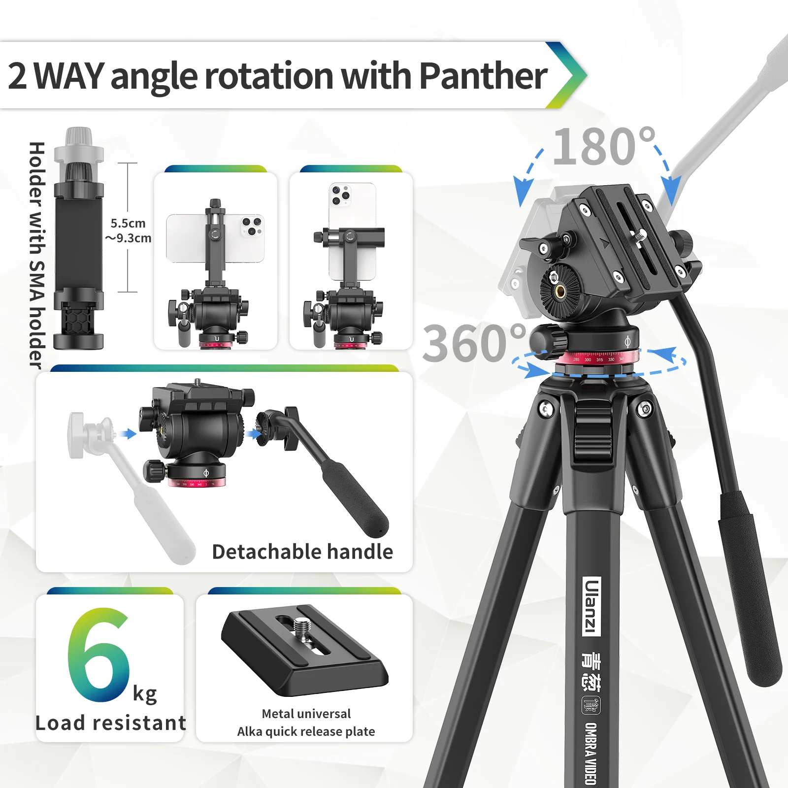 Ulanzi OMBRA Video Travel Tripod Overhead 1.6M 360° Panorama Fluid Drag Pan Tripod Max Load 6KG Arca Swiss Plate for DSLR Camera