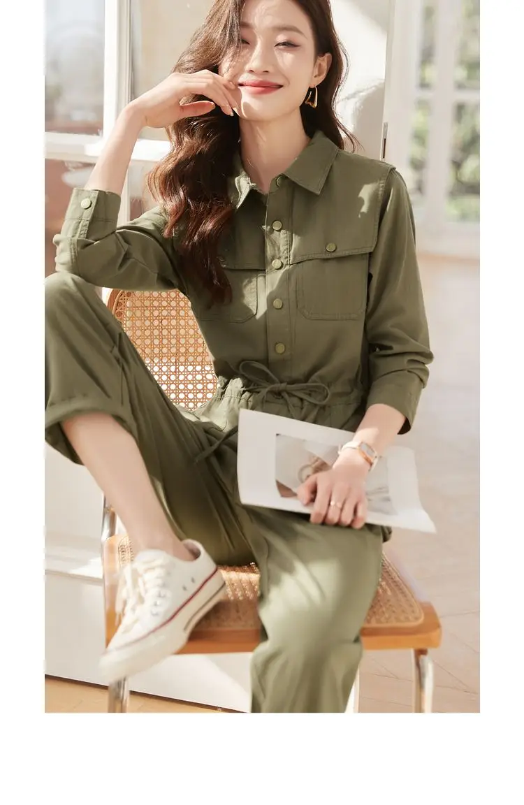 2023 Women Army Green Jumpsuit Women\'s Overalls Long Sleeve Cargos Jumpsuits Y2k Streetwear Summer Turn Down Collar Jumpsuit