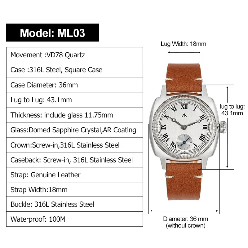 Militado ML03 jam tangan formal 36mm 1926 jam tangan persegi kuarsa kristal safir kubah 316L baja tahan karat jam tangan Retro bercahaya