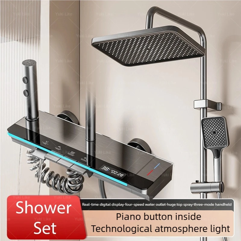 

Серая душевая система для ванной комнаты, набор многофункциональных дисплеев, эффект окружающего освещения, клавиши фортепиано, бытовой душевой набор под давлением