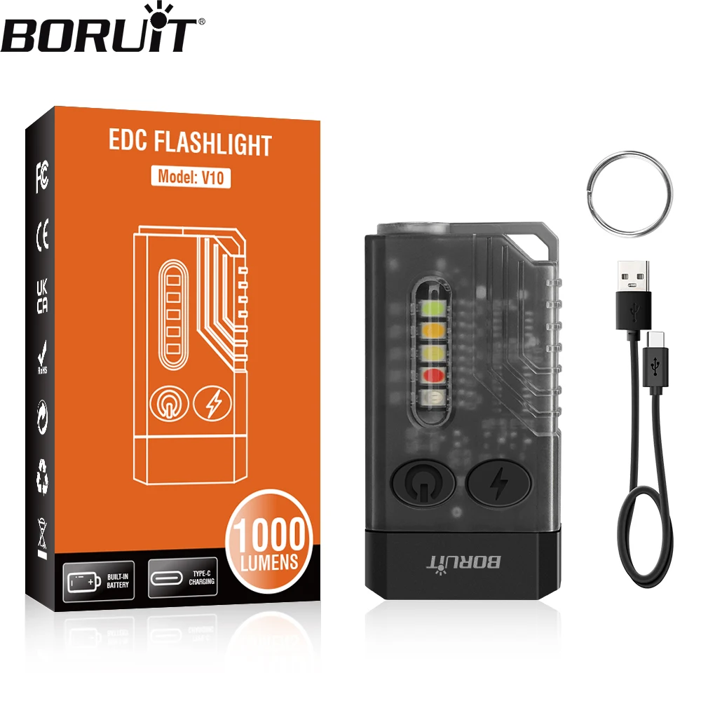 BORUiT V10 LED Keychain EDC Flashlight Type-C Rechargeable Torch Work Light with Magnet Buzzer 365nm UV Camping Pocket Lantern