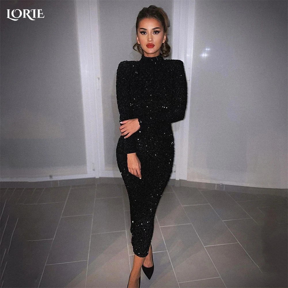 

LORIE Luxury Back Glitter Evening Dresses Mermaid High Neck Sparkly Long Sleeves Prom Dress Ankle-Length Cocktail Party Gowns