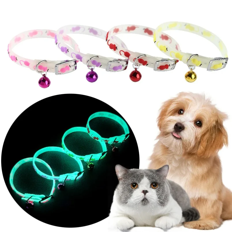 Luminous Cat Necklace Glowing Small Dog Cat Collar Anti-Loss Fluorescent Silicone Cat Bell Collar Neck Ring Pet Cat Accessories