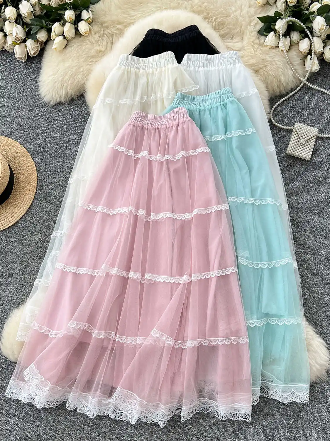 

Women's Pink Lace Patchwork Y2k A-line Mesh Skirt Elegant Harajuku Korean Long Skirts Vintage Summer Skirt 2000s Fashion Clothes