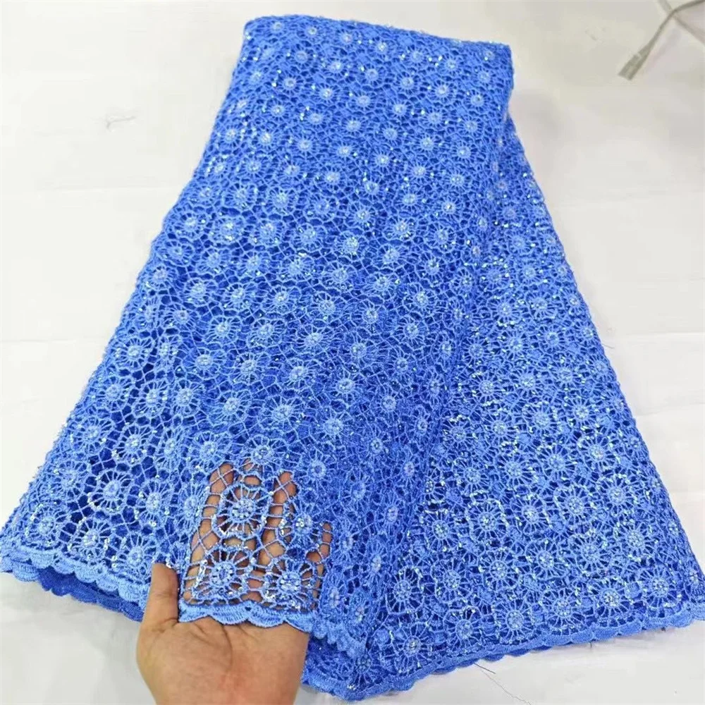 

Blue African Guipure Cord Lace Fabric High Quality Nigerian Embroidered Mesh Water Soluble Materials Dentelle Africaine DW21