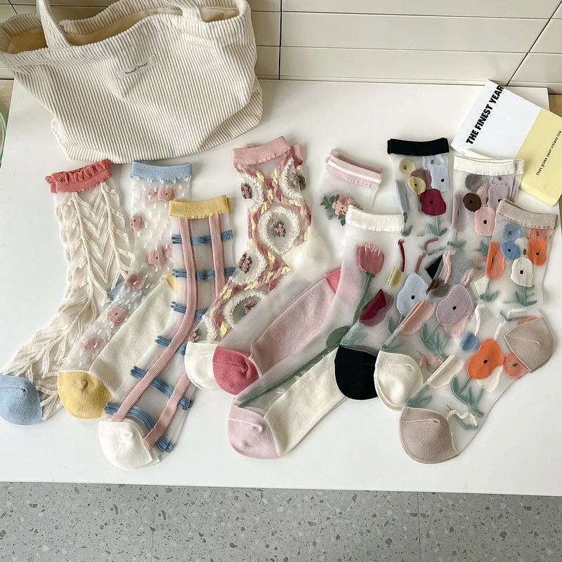 Crystal Silk Socks Women Summer Ultra-thin Transparent Glass Silk Women's Socks Flower Embroidery Vintage Medium Tube Socks Gift