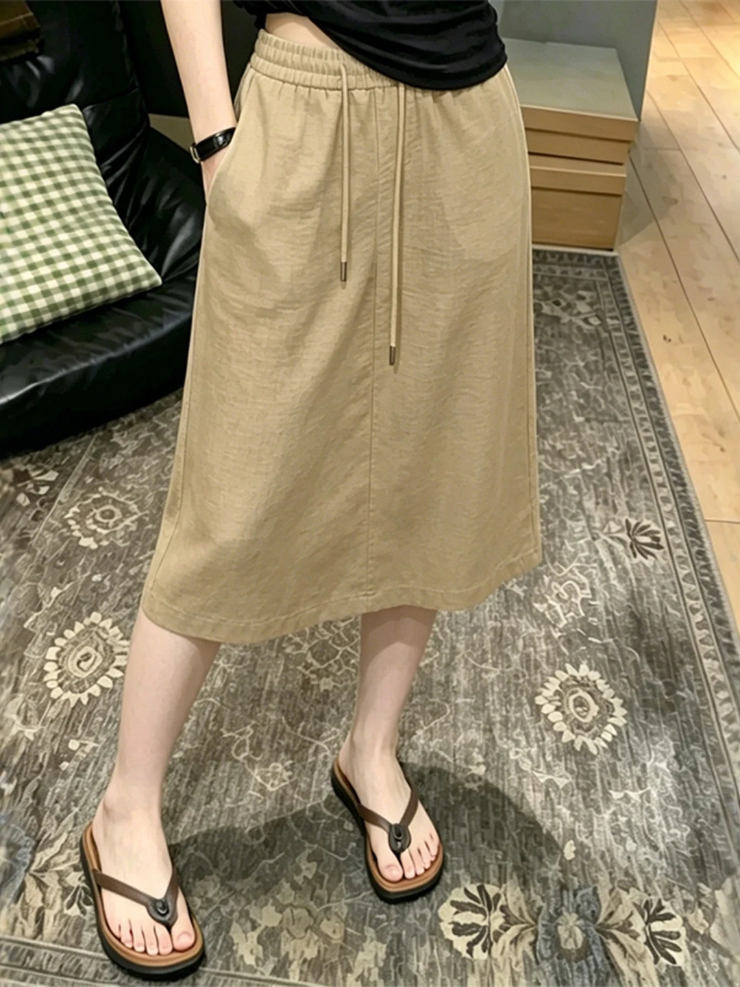 Khaki Elastic Waist Half Body Skirt Women's Summer New Style Drawstring Slimming Casual Commute Mid-Length Skirt