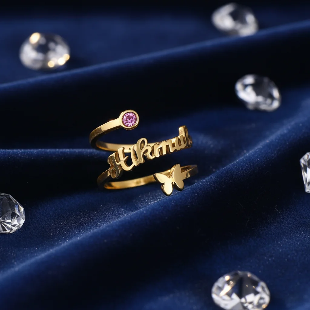 Customized Name Ring for Women Personalized 18K Gold Plated Stainless Steel Open Adjustable Butterfly Ring with Birth Stone