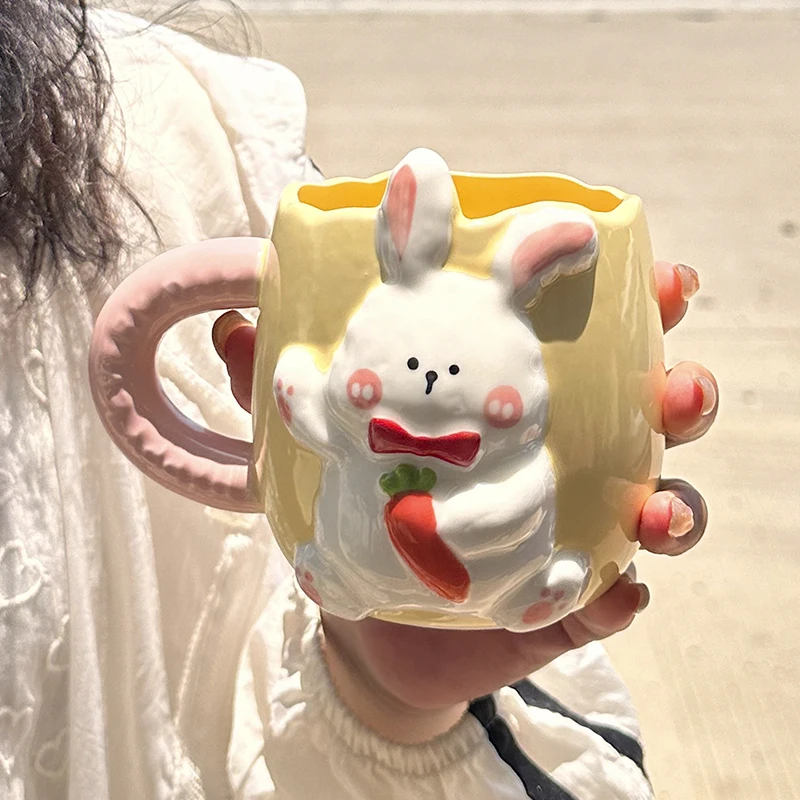 Creative Relief Rabbit Ceramic Mug Drinking Cup Super Nice Couple Cute Cartoon Coffee Cup Kitchen Breakfast Milk Cup Tableware.